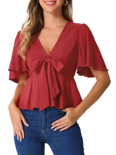 Ruffle Sleeve Bow Tie Decor Deep V Neck Sexy Peplum Blouse Top