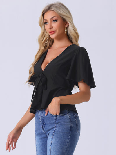 Ruffle Sleeve Bow Tie Decor Deep V Neck Sexy Peplum Blouse Top