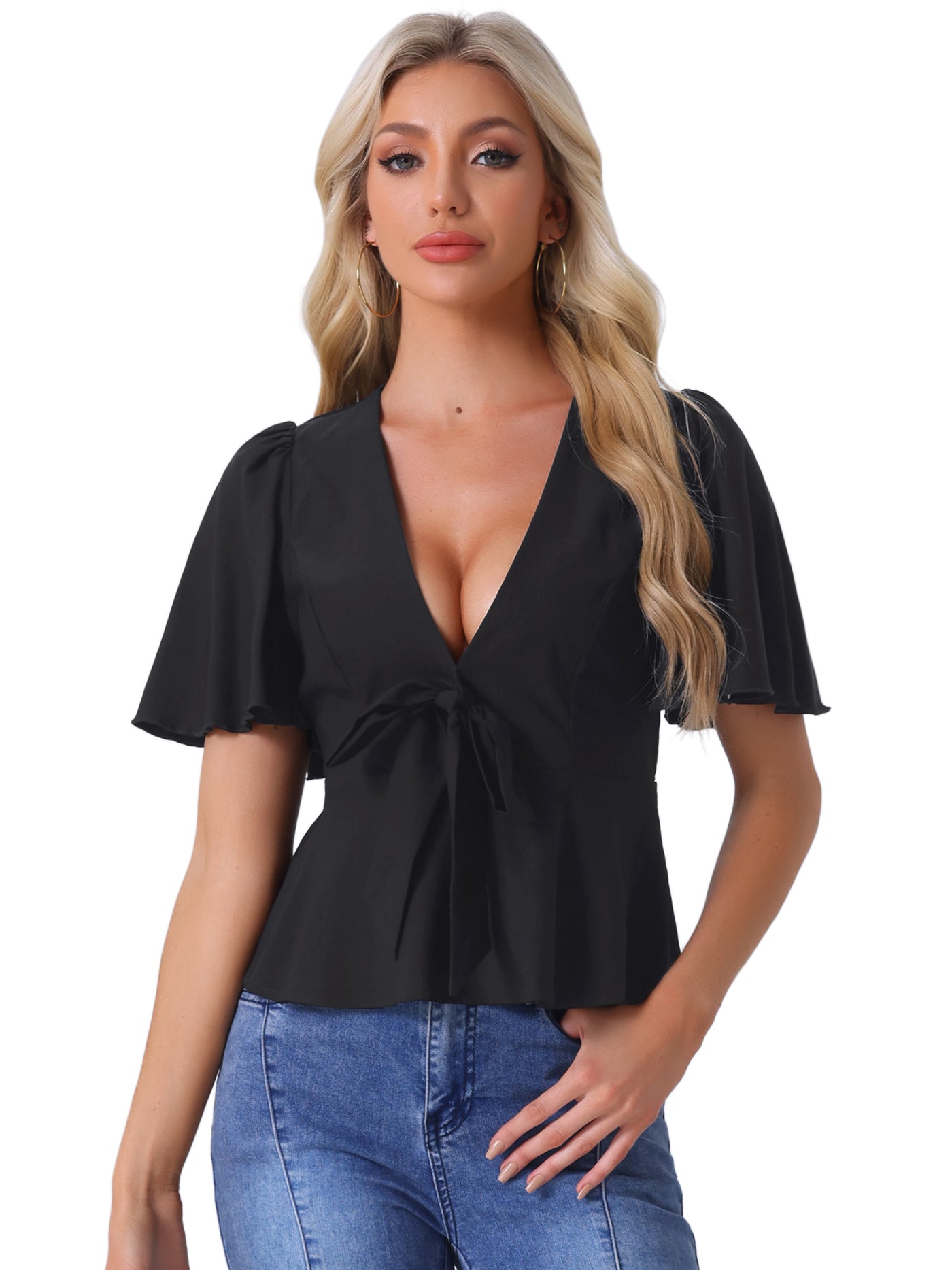 Allegra K Ruffle Sleeve Bow Tie Decor Deep V Neck Sexy Peplum Blouse Top