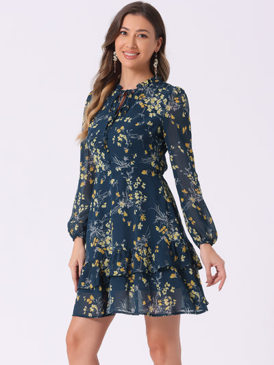 Floral V Neck Semi Sheer Long Sleeve Layered Tiered Chiffon Mini Dress