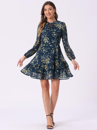 Floral V Neck Semi Sheer Long Sleeve Layered Tiered Chiffon Mini Dress