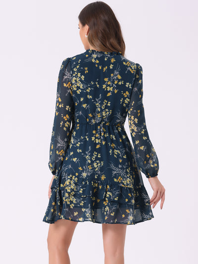 Floral V Neck Semi Sheer Long Sleeve Layered Tiered Chiffon Mini Dress