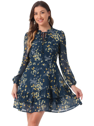 Floral V Neck Semi Sheer Long Sleeve Layered Tiered Chiffon Mini Dress