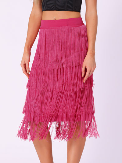 Tiered Tassel Fringe Party Club Midi Skirt