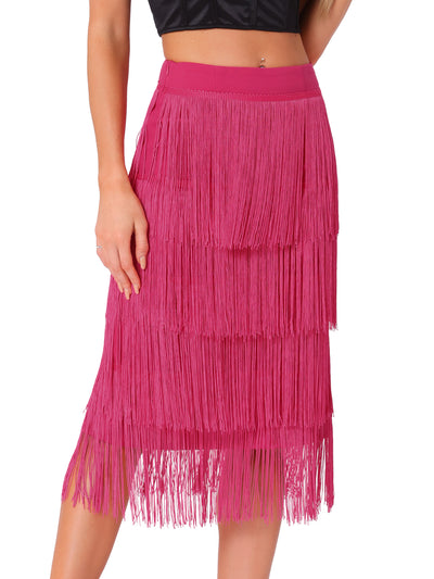 Tiered Tassel Fringe Party Club Midi Skirt