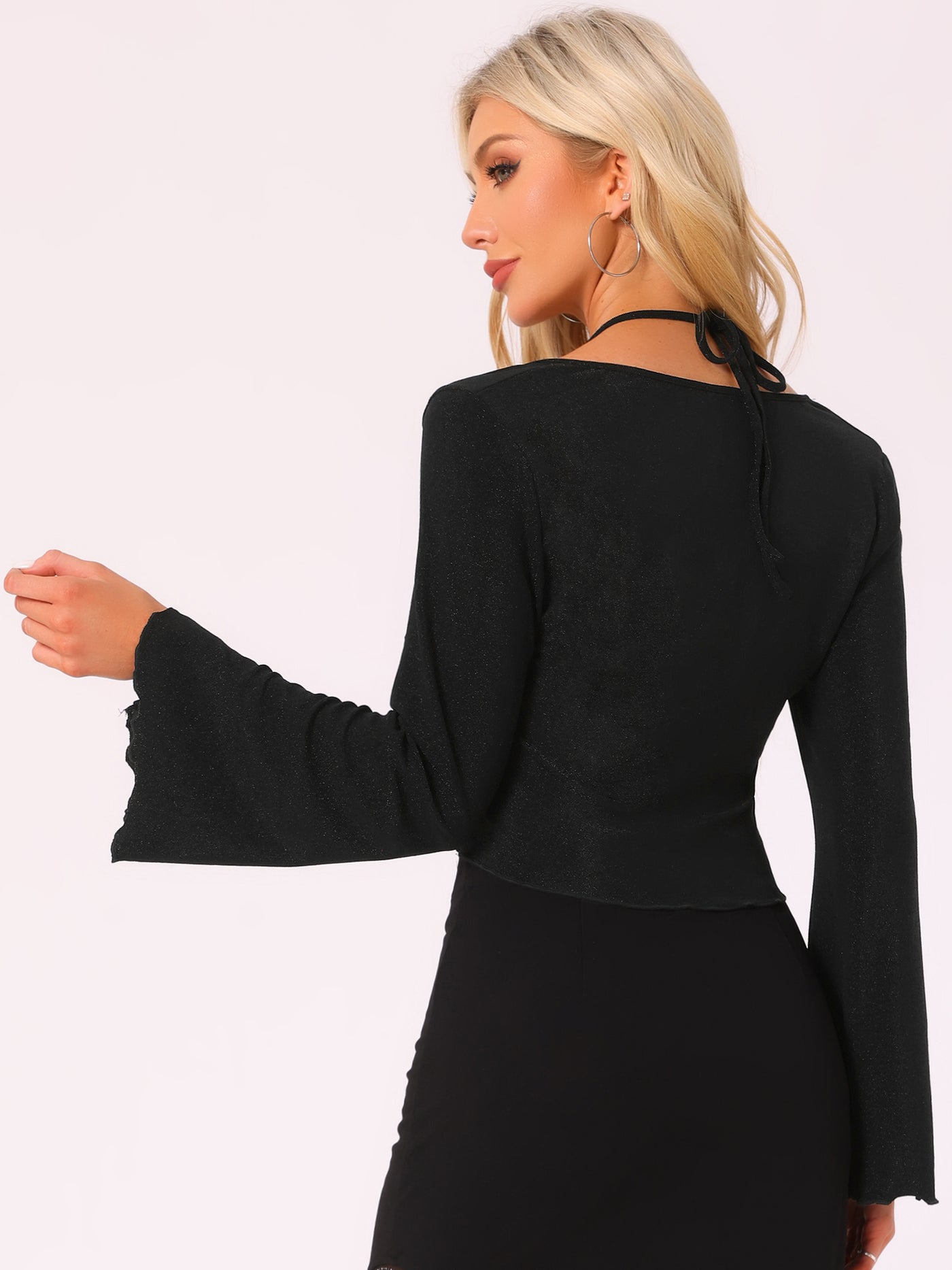 Allegra K Flounce Long Sleeves Ruched Tie Back Crop Tops