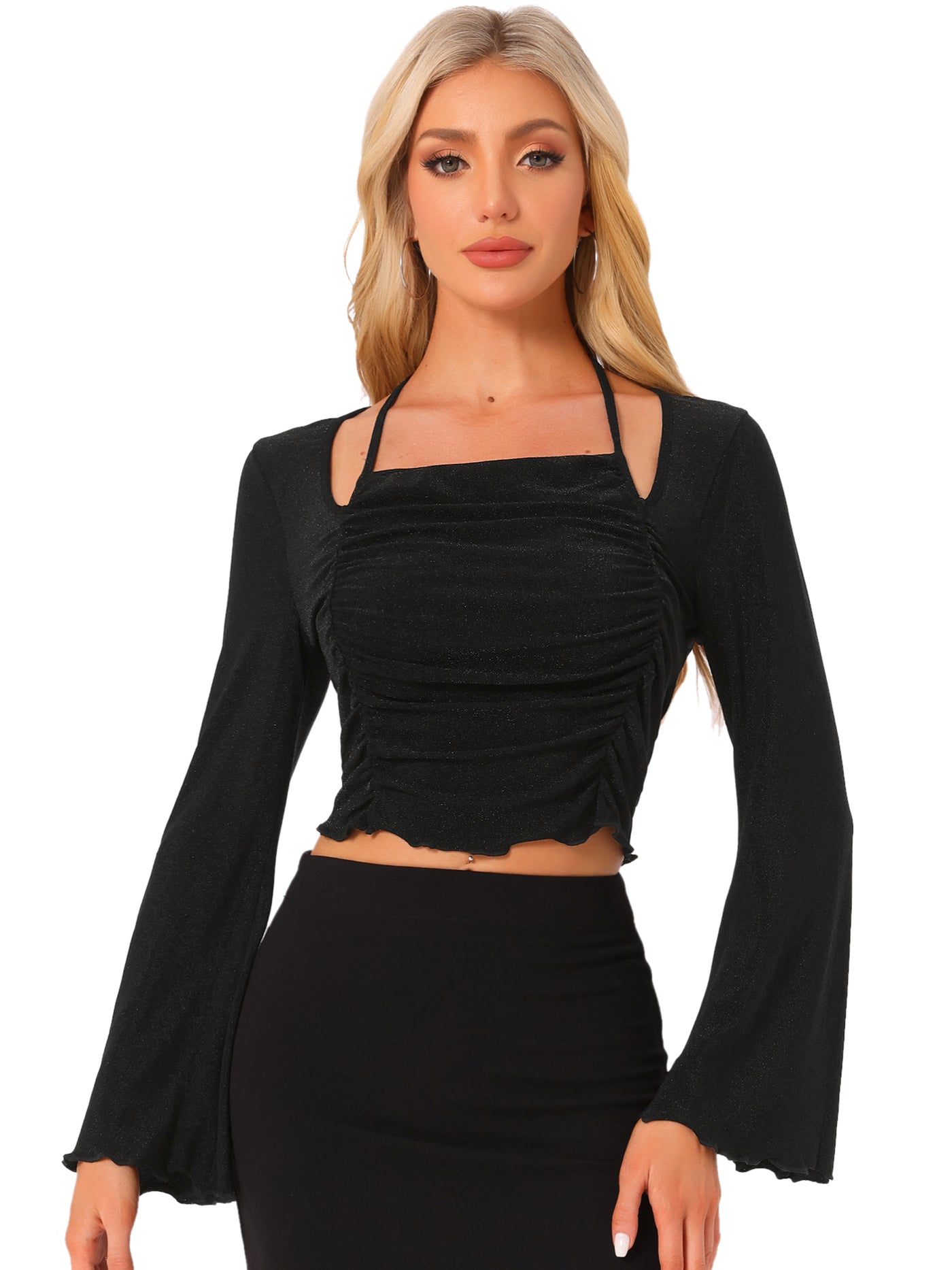 Allegra K Flounce Long Sleeves Ruched Tie Back Crop Tops