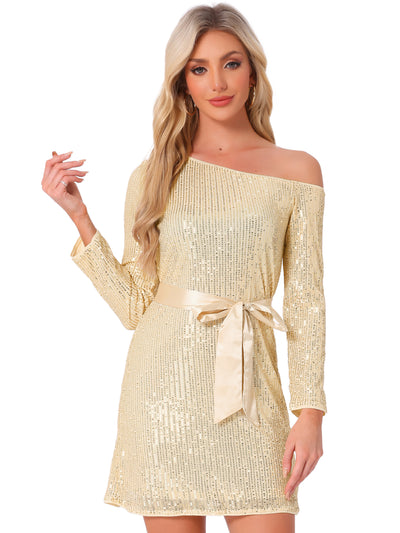 Sequin Long Sleeve One Shoulder Sparkly Glitter Belted Dress