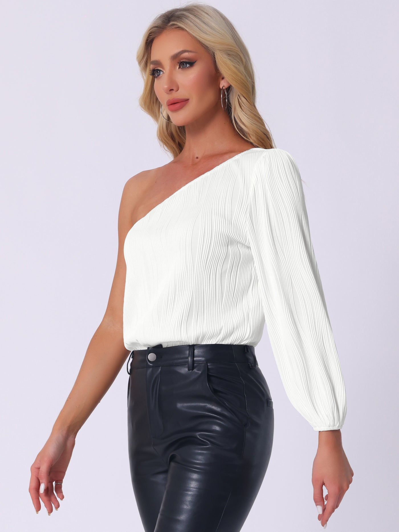 Allegra K One Shoulder Long Sleeves Textured Bodysuit