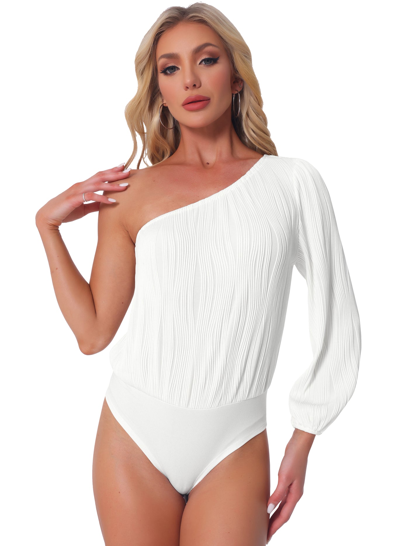 Allegra K One Shoulder Long Sleeves Textured Bodysuit