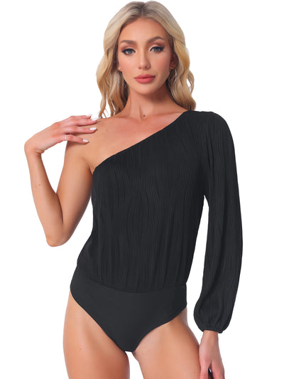 One Shoulder Long Sleeves Textured Bodysuit