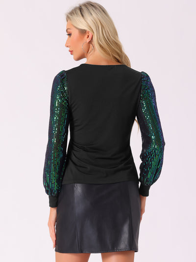 Glitter Sequin Long Sleeve V Neck Casual Blouse