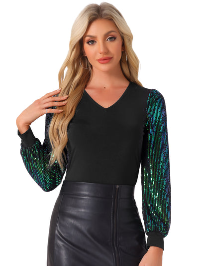 Glitter Sequin Long Sleeve V Neck Casual Blouse