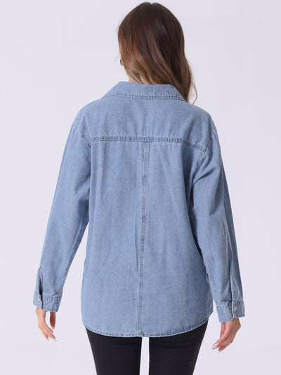 Denim Pullover Collared Long Sleeve Casual Jean Blouses