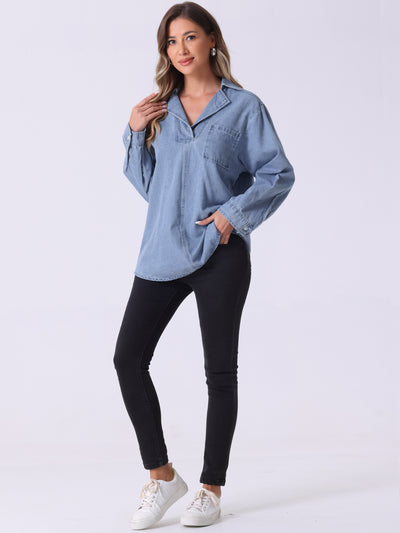 Denim Pullover Collared Long Sleeve Casual Jean Blouses