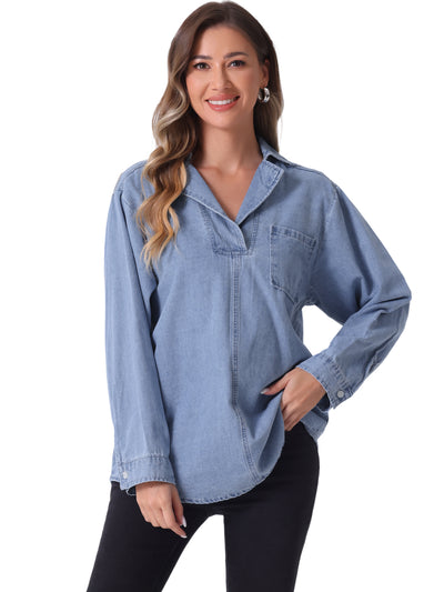 Denim Pullover Collared Long Sleeve Casual Jean Blouses