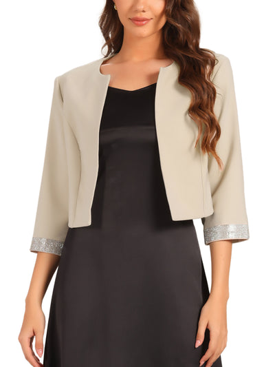 Open Front Glitter 3/4 Sleeves Collarless Cropped Jacket