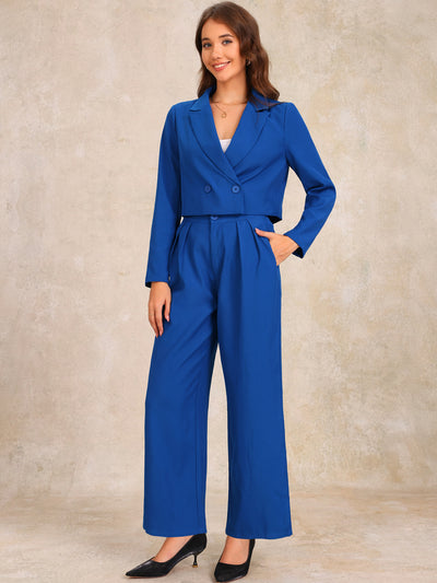 2 Piece Notched Lapel Cropped Jacket & Wide Leg Pants Work Suits Set