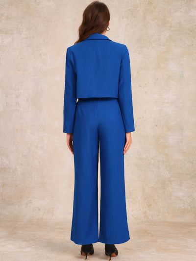 2 Piece Notched Lapel Cropped Jacket & Wide Leg Pants Work Suits Set