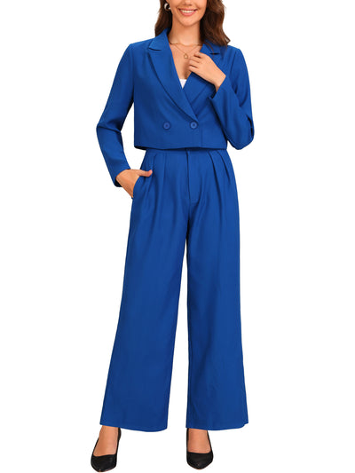 2 Piece Notched Lapel Cropped Jacket & Wide Leg Pants Work Suits Set