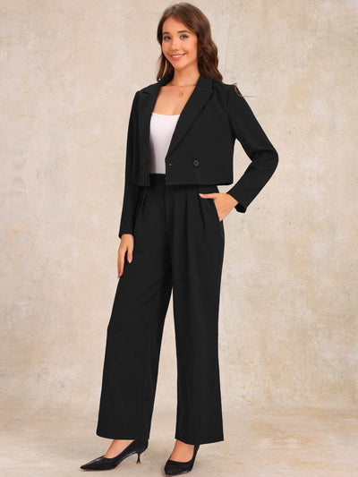 2 Piece Notched Lapel Cropped Jacket & Wide Leg Pants Work Suits Set