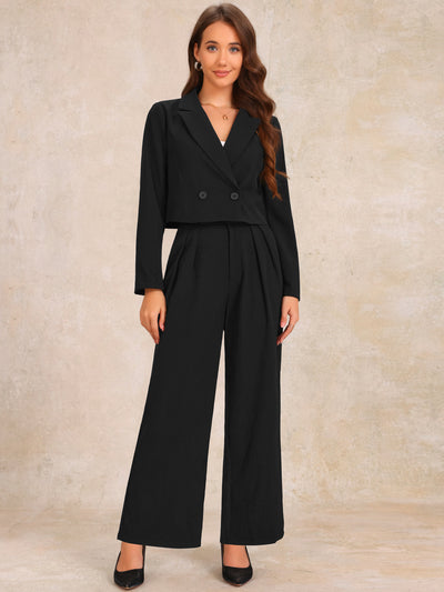 2 Piece Notched Lapel Cropped Jacket & Wide Leg Pants Work Suits Set