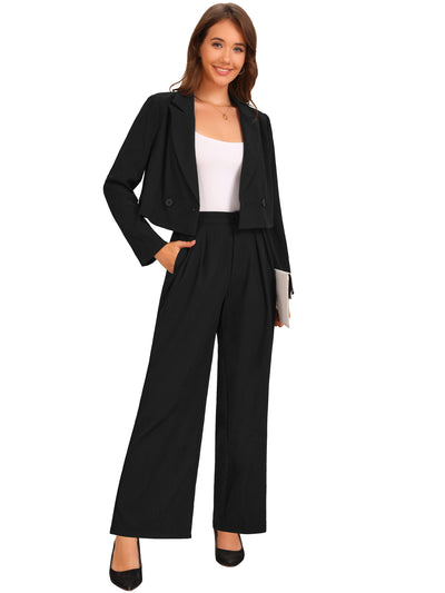 2 Piece Notched Lapel Cropped Jacket & Wide Leg Pants Work Suits Set