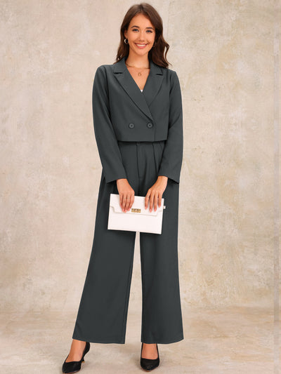 2 Piece Notched Lapel Cropped Jacket & Wide Leg Pants Work Suits Set