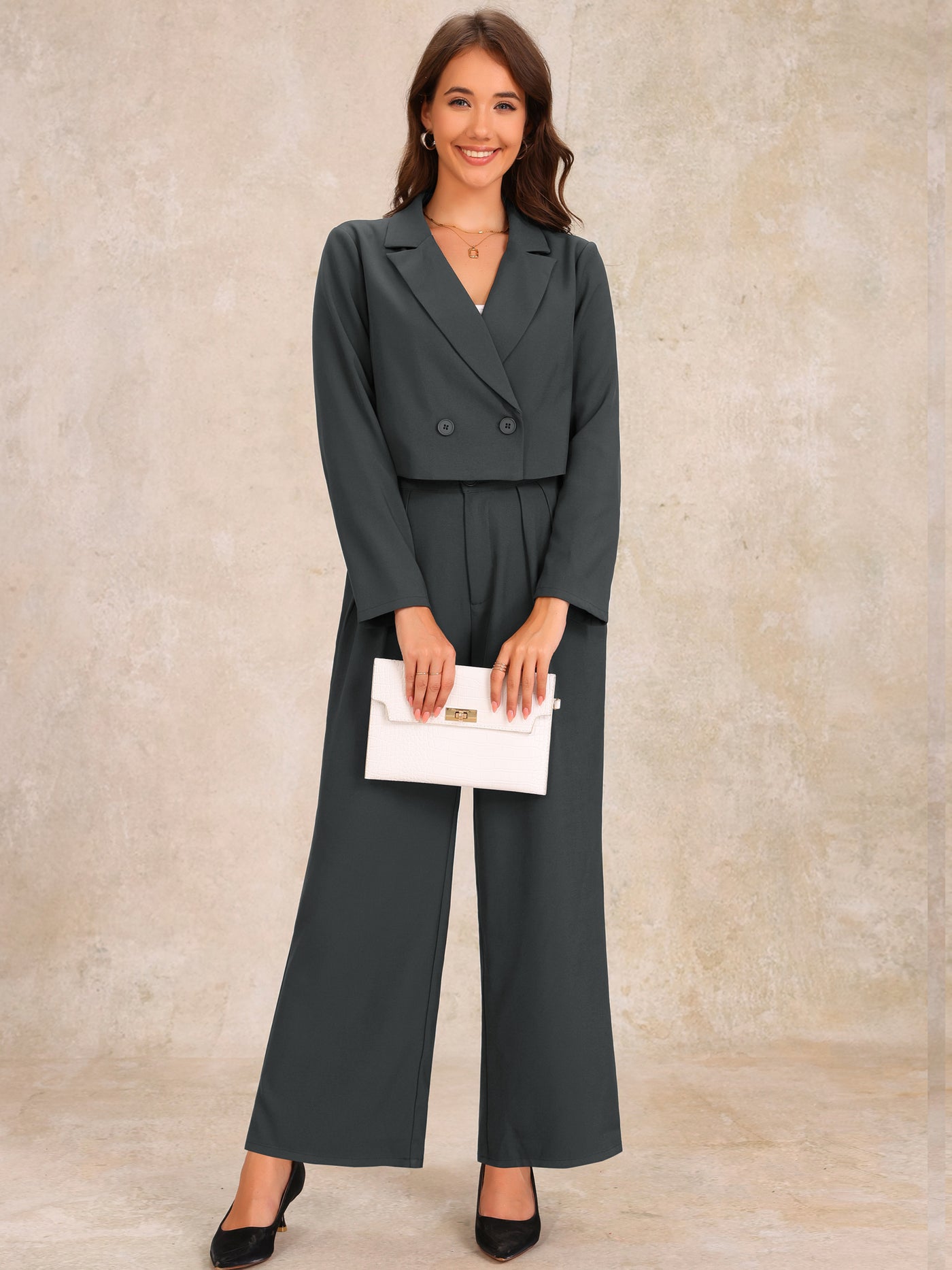 Allegra K 2 Piece Notched Lapel Cropped Jacket & Wide Leg Pants Work Suits Set