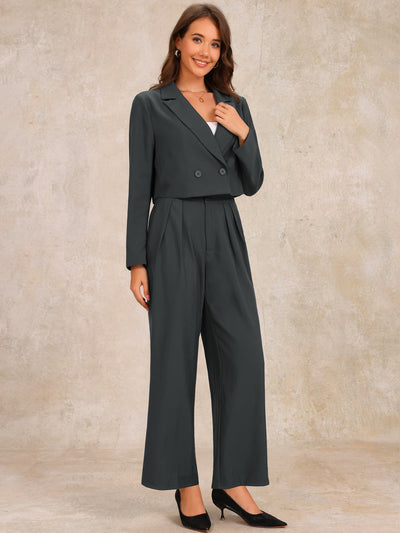 2 Piece Notched Lapel Cropped Jacket & Wide Leg Pants Work Suits Set