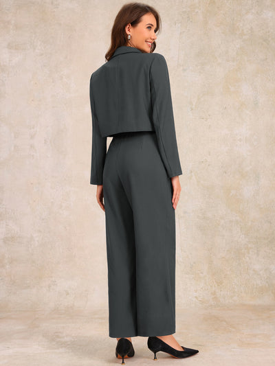 2 Piece Notched Lapel Cropped Jacket & Wide Leg Pants Work Suits Set