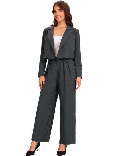 2 Piece Notched Lapel Cropped Jacket & Wide Leg Pants Work Suits Set