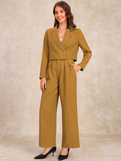 2 Piece Notched Lapel Cropped Jacket & Wide Leg Pants Work Suits Set