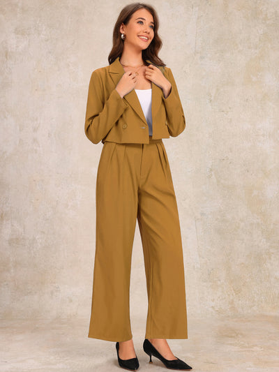 2 Piece Notched Lapel Cropped Jacket & Wide Leg Pants Work Suits Set