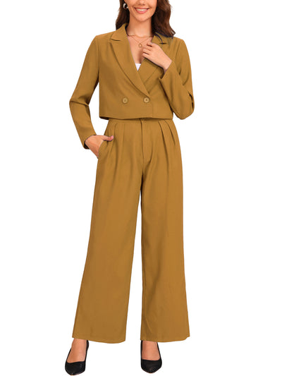 2 Piece Notched Lapel Cropped Jacket & Wide Leg Pants Work Suits Set