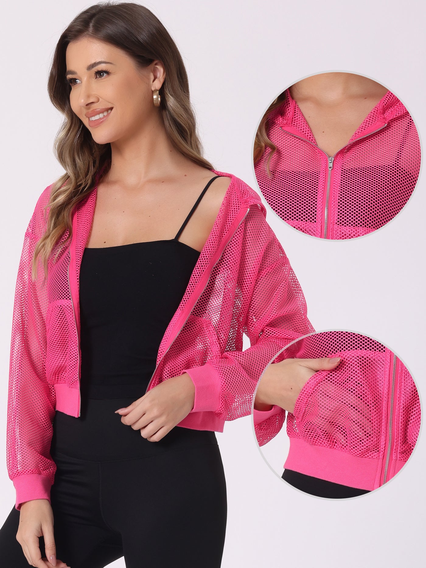 Allegra K Hooded Zip Up Mesh Sheer Cropped Bomber Jacket