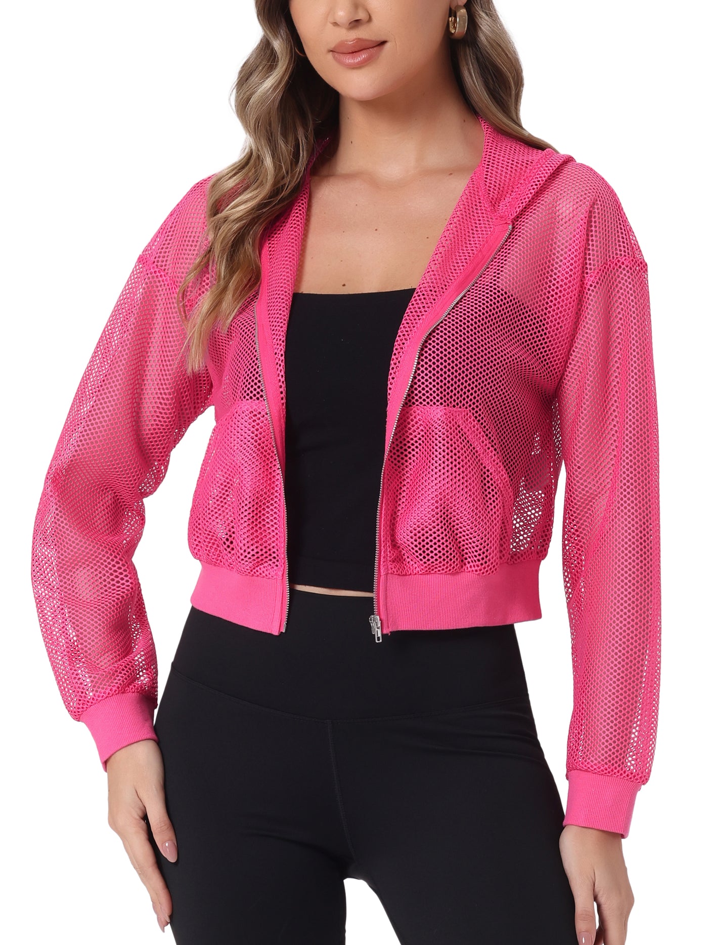 Allegra K Hooded Zip Up Mesh Sheer Cropped Bomber Jacket