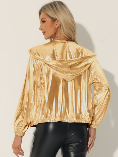 Holographic Hooded Long Sleeve Zipper Metallic Jacket