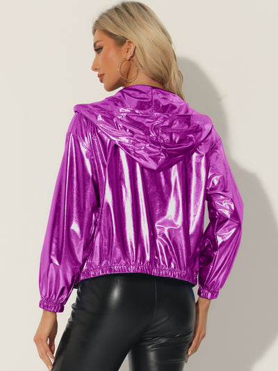 Holographic Hooded Long Sleeve Zipper Metallic Jacket