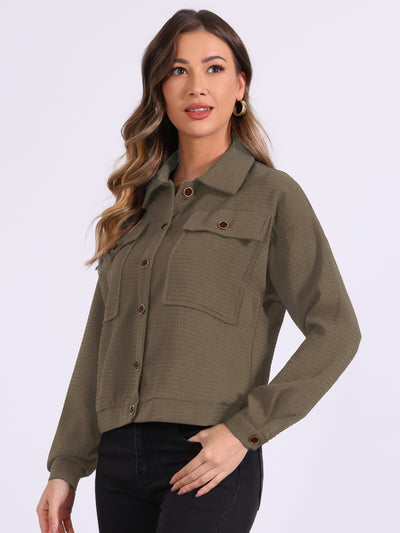 Waffle Shacket Drop Shoulder Pocket Collared Shirt Jacket