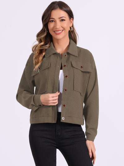 Waffle Shacket Drop Shoulder Pocket Collared Shirt Jacket