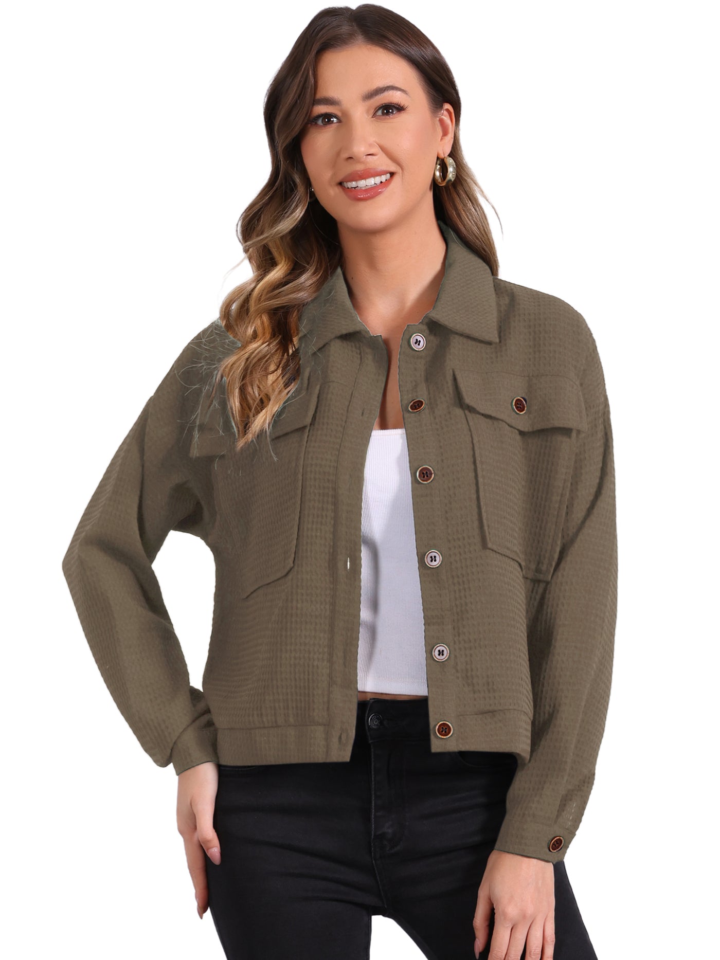 Allegra K Waffle Shacket Drop Shoulder Pocket Collared Shirt Jacket