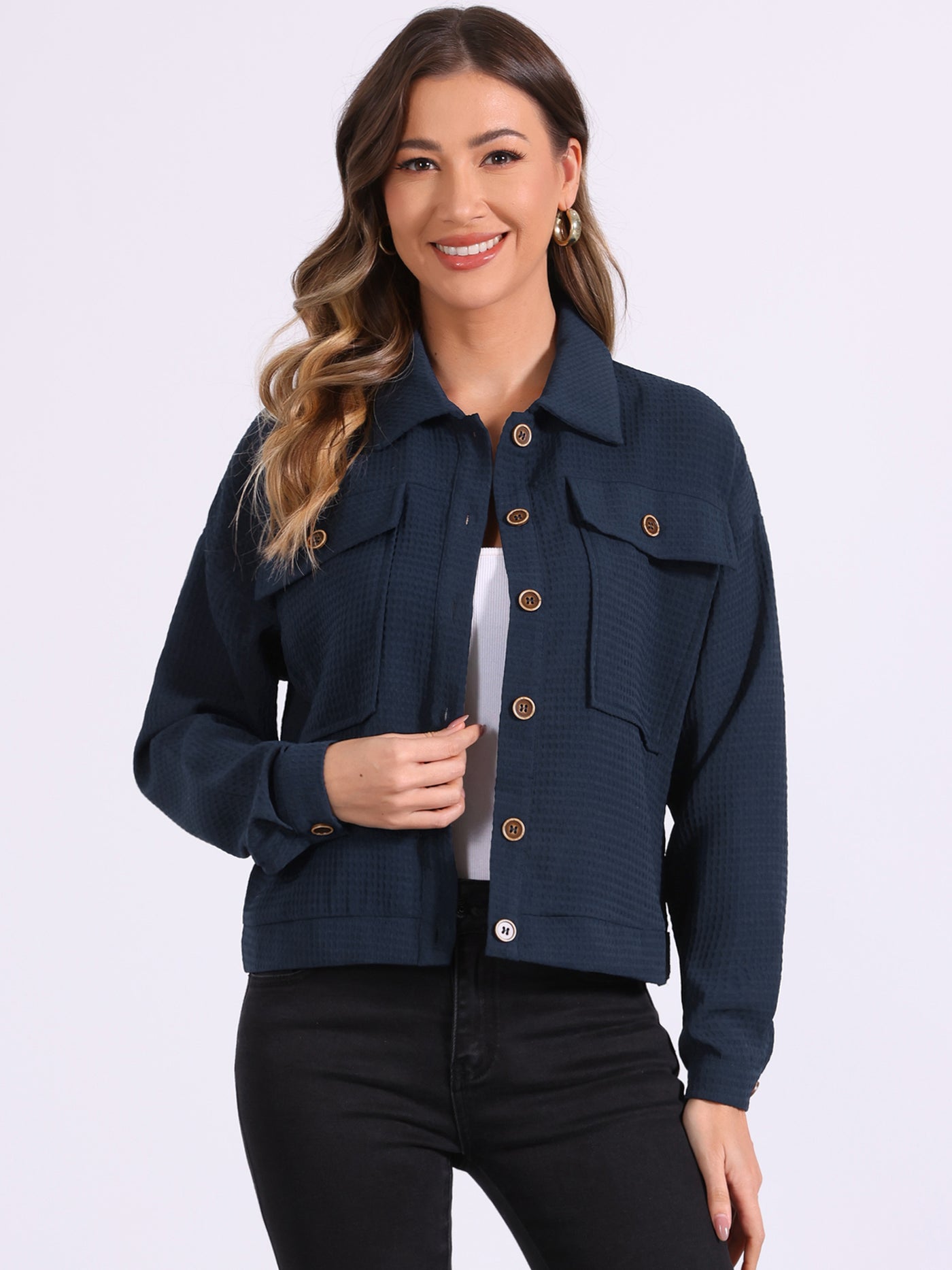 Allegra K Waffle Shacket Drop Shoulder Pocket Collared Shirt Jacket