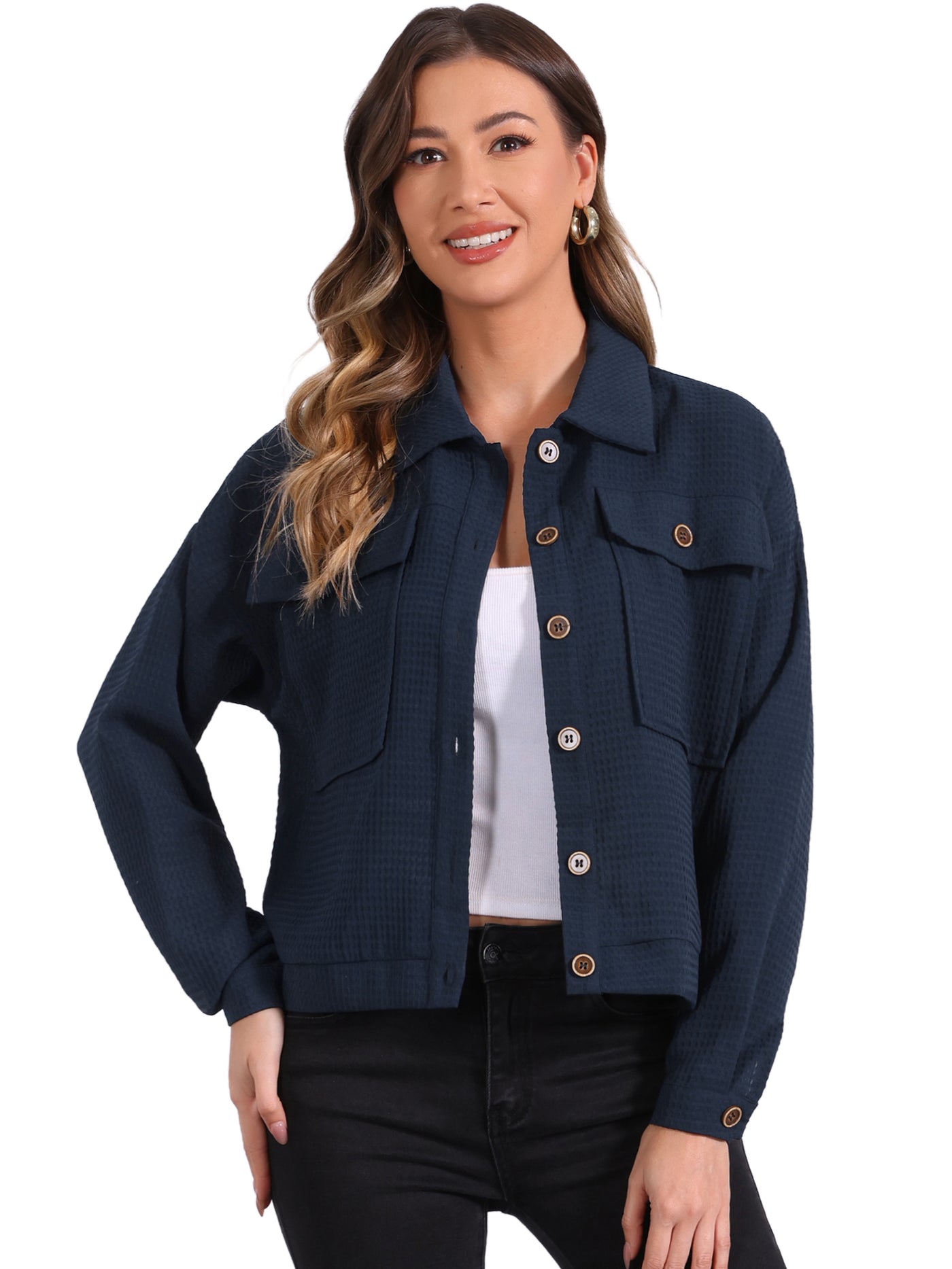 Allegra K Waffle Shacket Drop Shoulder Pocket Collared Shirt Jacket