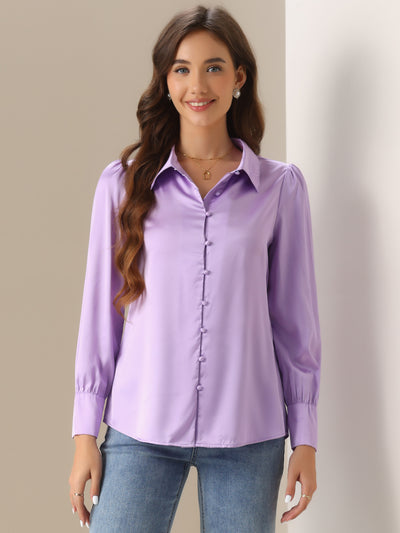 Satin Puff Sleeve Point Collar Button Up Blouse