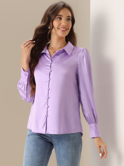 Satin Puff Sleeve Point Collar Button Up Blouse