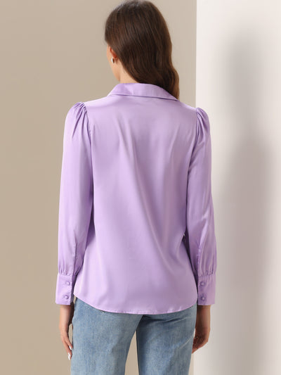 Satin Puff Sleeve Point Collar Button Up Blouse