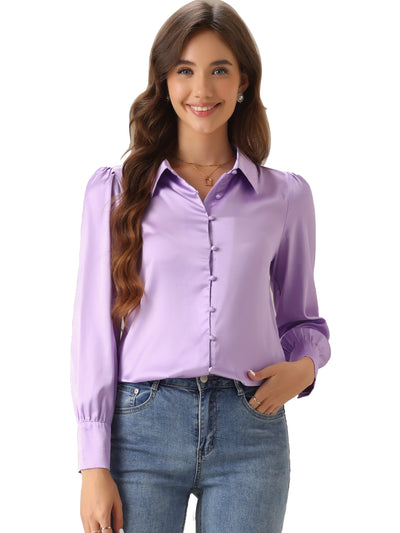 Satin Puff Sleeve Point Collar Button Up Blouse