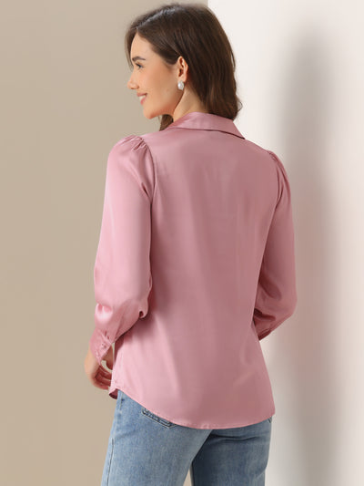 Satin Puff Sleeve Point Collar Button Up Blouse