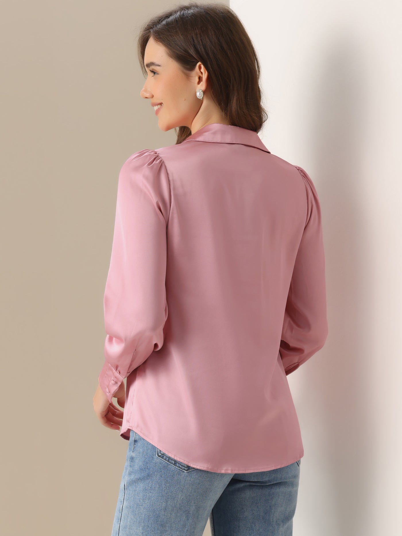 Allegra K Satin Puff Sleeve Point Collar Button Up Blouse